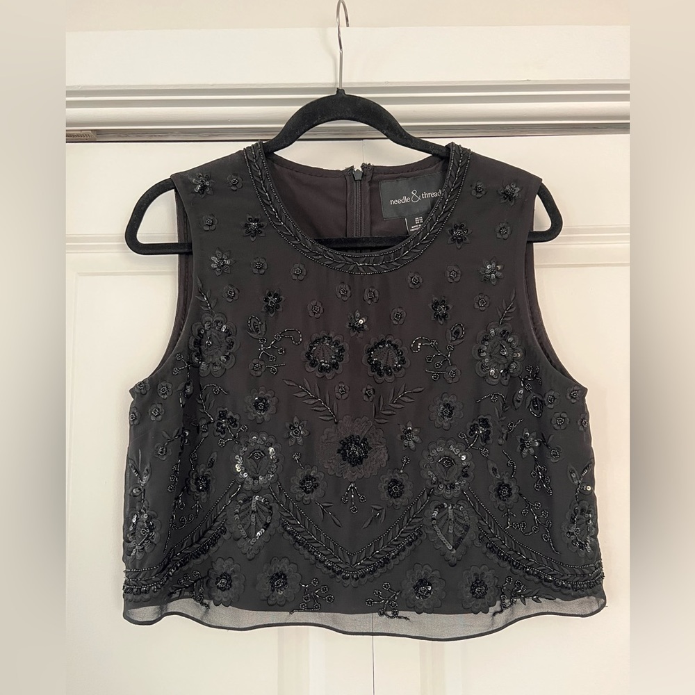 Black Beaded Needle & Thread Crop Top